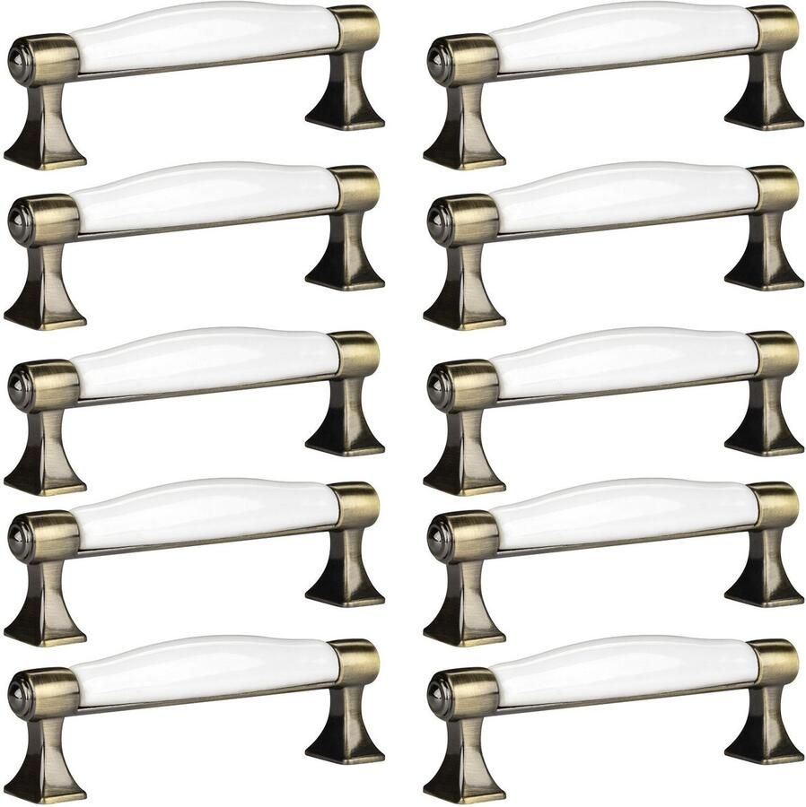 Sotech 10 x Meubelgreep MARIE Boorgatafstand 96 mm Antiek-messing-wit Porseleingreep van