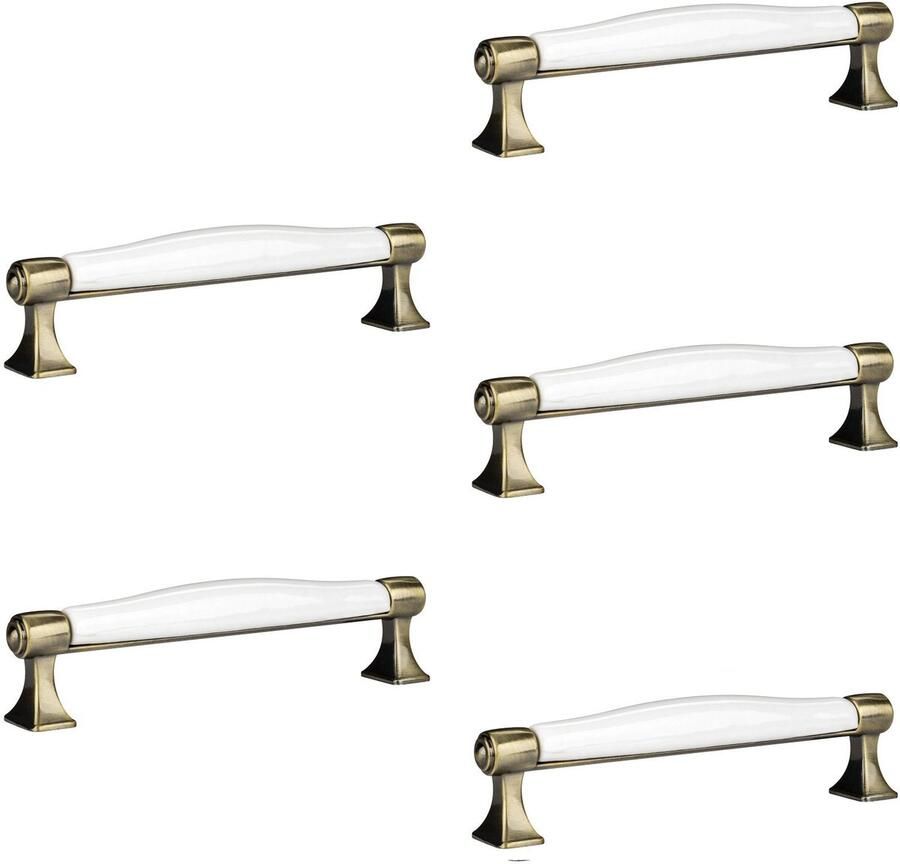 Sotech 5 x Meubelgreep MARIE Boorgatafstand 128 mm Antiek-messing-wit Porseleingreep van