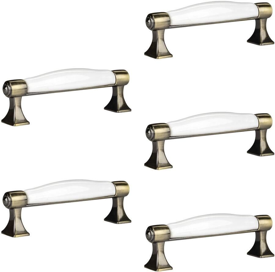 Sotech 5 x Meubelgreep MARIE Boorgatafstand 96 mm Antiek-messing-wit Porseleingreep van