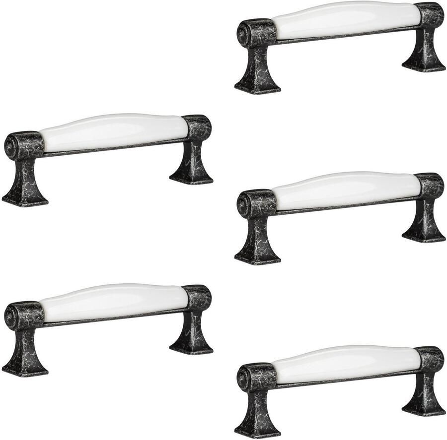 Sotech 5 x Meubelgreep MARIE Boorgatafstand 96 mm Antiek-zilver-wit Porseleingreep van