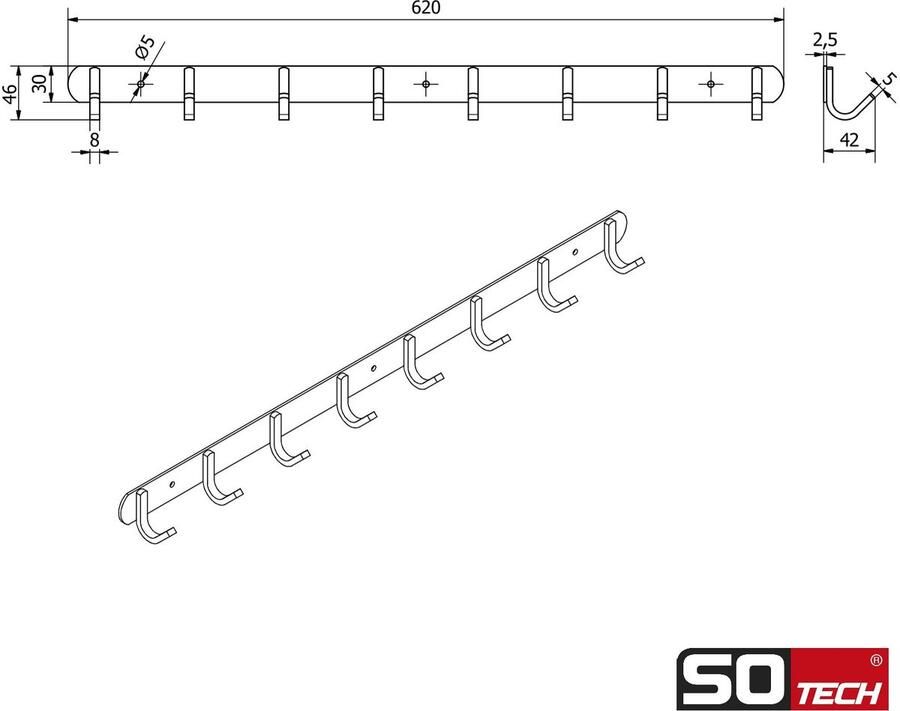 Sotech Kapstok met 8 haken SAMU Multifunctionele haak Kapstok Geborsteld roestvrij staal 620 mm Haakstang