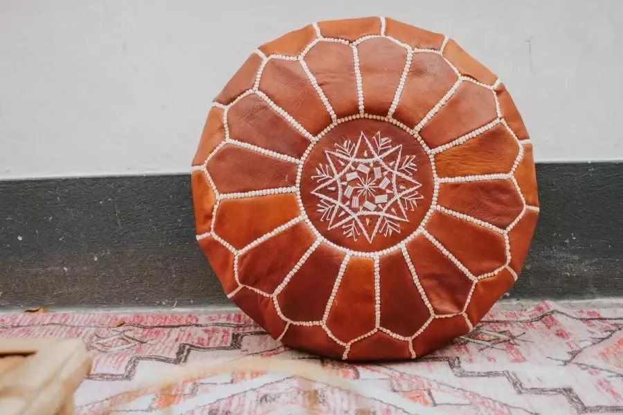 Souk Breda Marokkaanse Ronde Echt Leren Poef Cognac Bruin