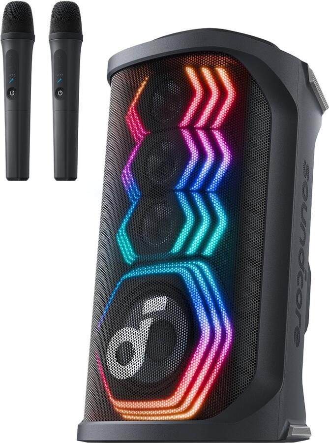 Soundcore Rave 3S Partybox met AI-karaoke partyluidspreker met 2 draadloze microfoons 200 W geluid AI-zangverwijdering lichtshow Auracast 12 uur speeltijd Bluetooth-luidspreker binnen en buiten