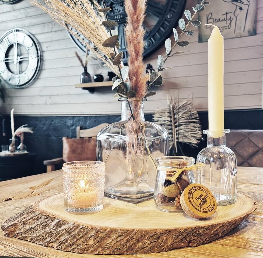 Spaas Kaarsen 37 Delige Dekoratie Set Kristalflesjes met SPAAS Geurkaarsen Huwelijksfeest Deko & Cadeau Idee Oriental Scent XL Deko Kaarsen Plankje met Kristalglas Flesjes + 24 Clearlight Geurkaarsen + 8 Mini Tafel Kaarsen (4 5 en 5 Branduren)