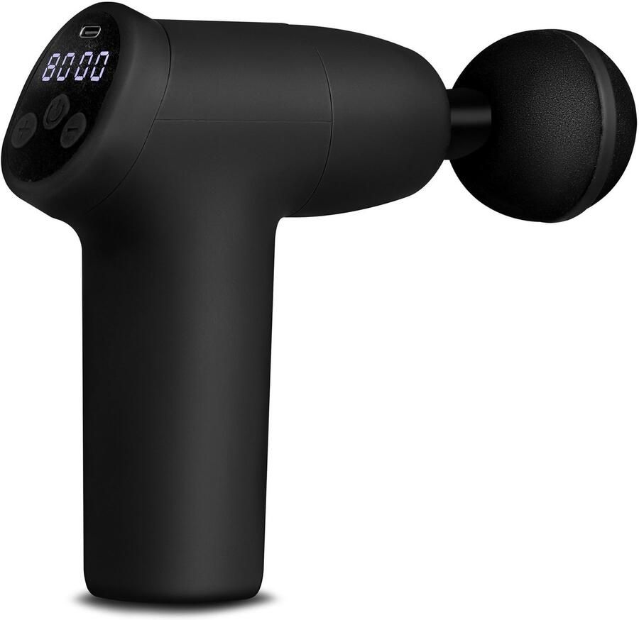 Spokey STILO Massage gun Zwart 24W motor 20 intensiteitsniveaus 4 massagekoppen 2000 mAh batterij 14 8 x 10 7 x 6 cm 375 gram