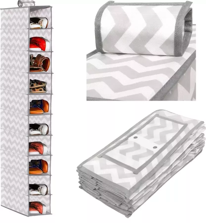 Springos Kast Organizer Kleding Organizer Hangende Opberger 10 planken Inclusief Klittenbandsluiting Grijs Wit