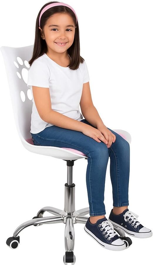 Springos Kinder Bureaustoel Draaibaar Metalen Onderstel Kunststof Roze Wit 120 kg