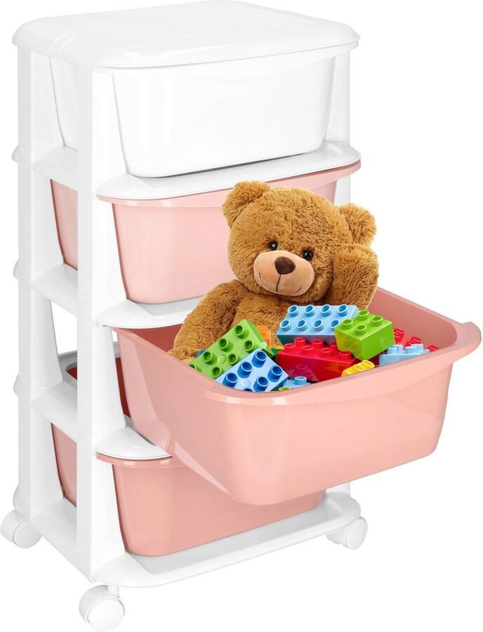 Springos Ladekast Ladesysteem Speelgoedkist Ladeblok Opbergkast Met 4 Laden Op Wielen Kunststof Roze Wit