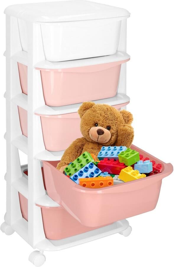 Springos Ladekast Ladesysteem Speelgoedkist Ladeblok Opbergkast Met 5 Laden Op Wielen Kunststof Roze Wit