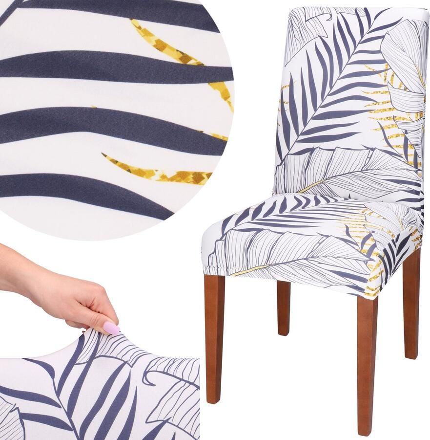 Springos Stoelhoes Voor Eetkamerstoelen Met Stretch Bladeren Wit Marineblauw Geel
