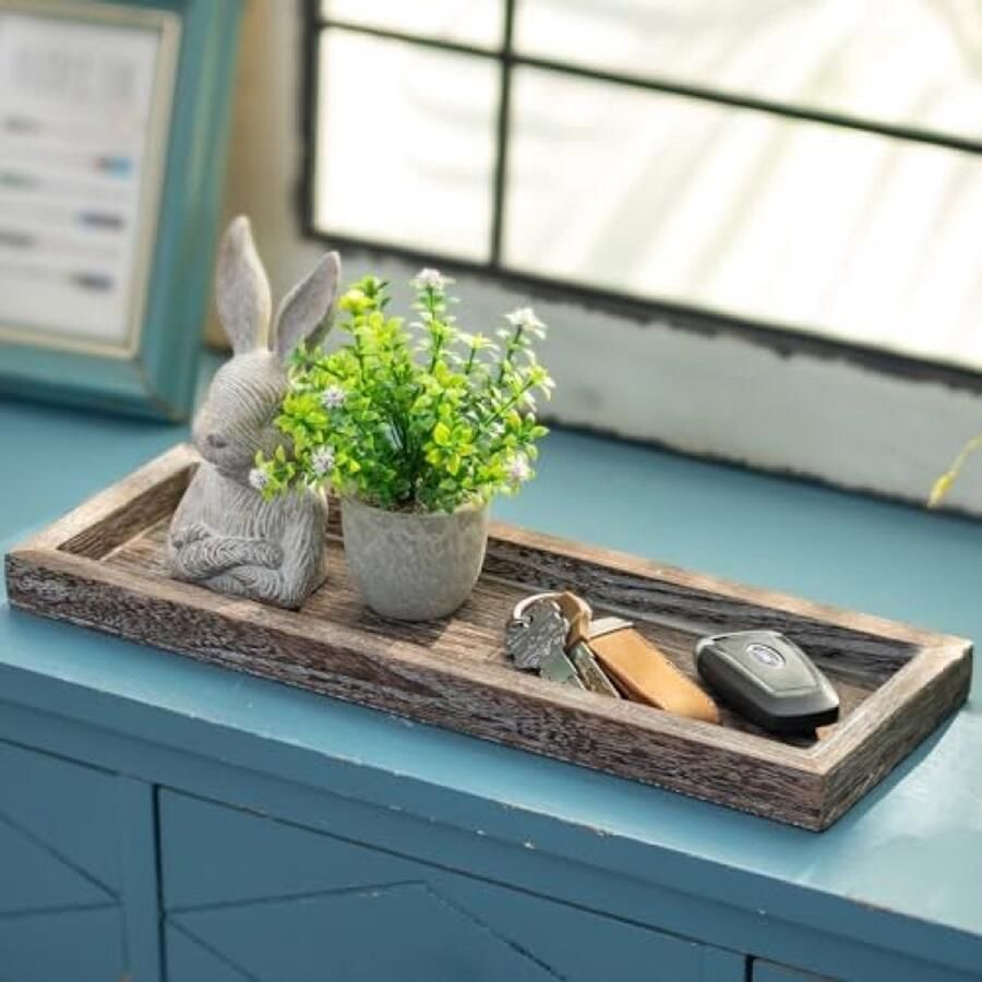 ST Tradin G Rustieke decoratieve houten kaarsenbak 43 cm lange smalle lade kandelaar boerderij kleine dienbladen voor salontafel centerpieces eetkamer keuken aanrecht woondecoratie bruin