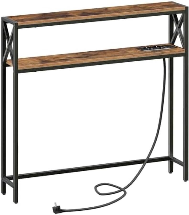 ST TRADING 100 cm 2-laags Consoletafel Bijzettafel met 2 Stopcontacten en 2 USB Smalle Entreetafel Haltafel Banktafel voor Hal Woonkamer Slaapkamer in Vintage Bruin