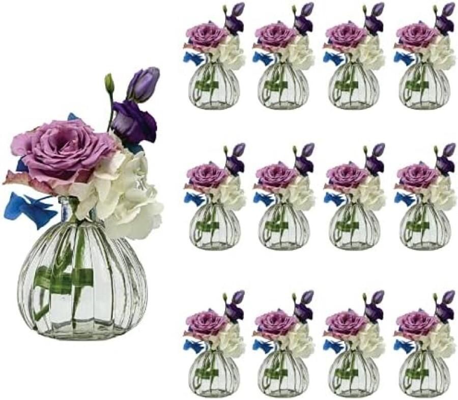 ST TRADING 12 x kleine glazen vaasjes voor bloemen tafel decoratie bruiloft feest helder transparant (12 stuks)