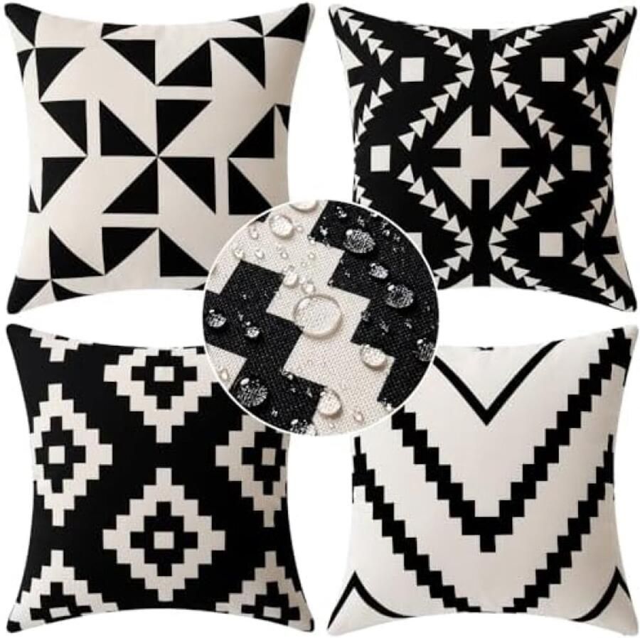 ST TRADING 4 stuks waterdichte buitenkussenslopen decoratieve kussenslopen voor tuin balkon terras slaapkamer bank stoel 40 x 40 cm zwart