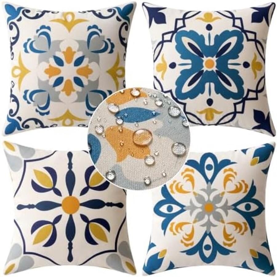 ST TRADING 4 stuks waterdichte kussenslopen voor buiten tuin balkon tent park bed bank stoel slaapkamer decoratief 50 x 50 cm blauw