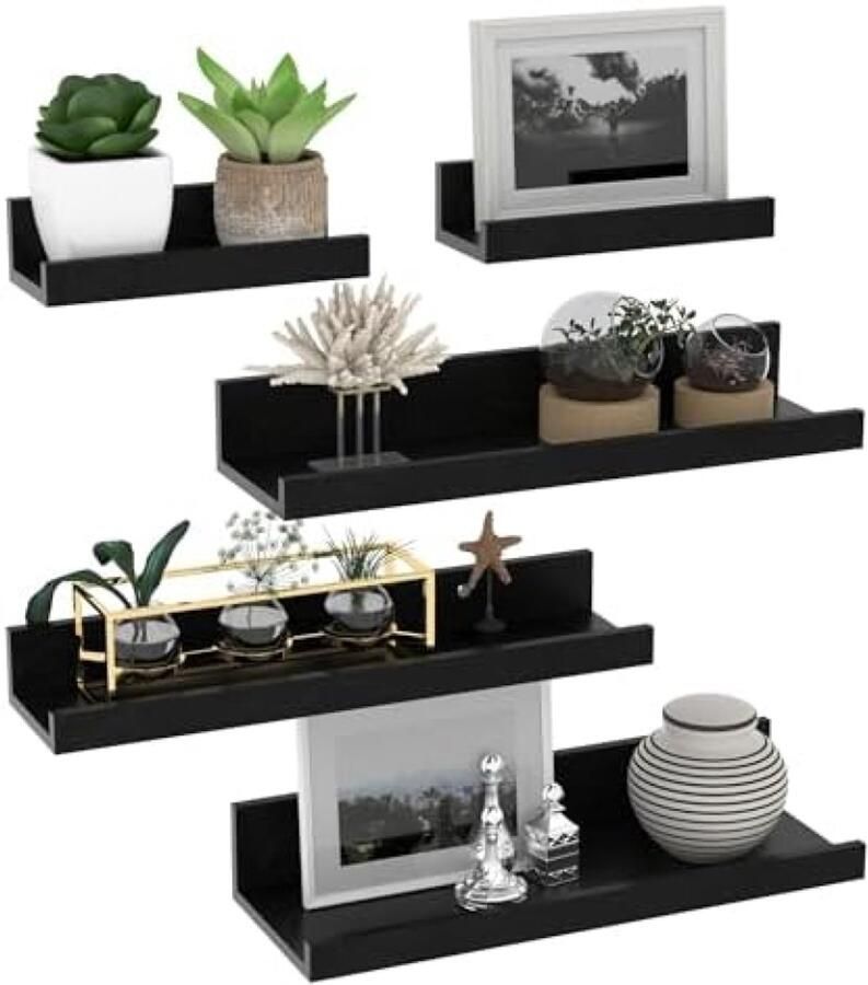ST TRADING 40 cm lang wandrek hout zwart klein zwevend rek fotolijst voor woonkamer keuken kinderkamer slaapkamer of kantoor 5 stuks met verschillende maten