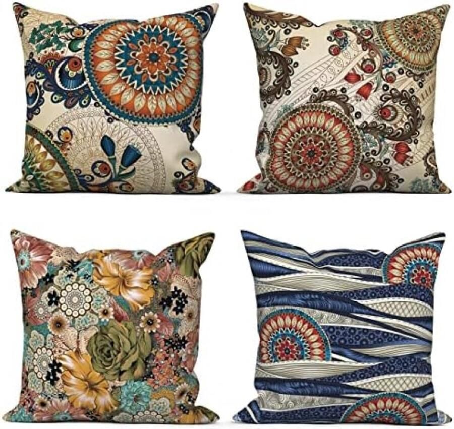 ST TRADING Boho Kussensloop Set van 4 40 x 40 cm Retro Bloemenpatroon Beige Wasbaar Polyester Decoratief Kussenhoes voor Bank of Bed