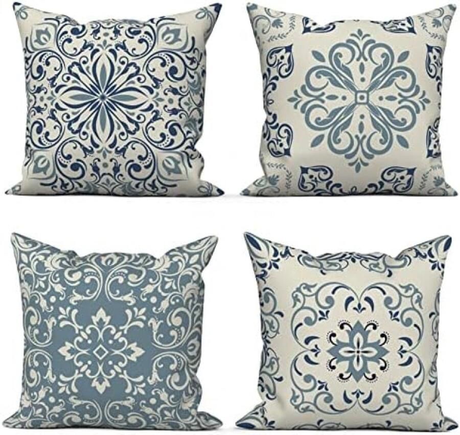 ST TRADING Boho Kussensloop Set van 4 40 x 40 cm Retro Datura Bloemenpatroon Beige en Blauw Wasbaar Polyester Voor Bank en Sierkussen