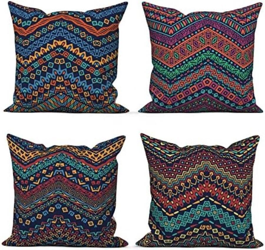 ST TRADING Boho stijl kussensloop set van 4 40 x 40 cm retro geometrisch gestreept groen voor bank wasbaar polyester en vlas textiel geschikt voor binnen en buiten