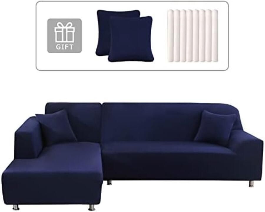 ST TRADING Elastische bankhoes met schiereiland links rechts universeel ontwerp met 2 kussenslopen L-vormige hoekbankhoes voor 3-zits + 3-zits banken marineblauw