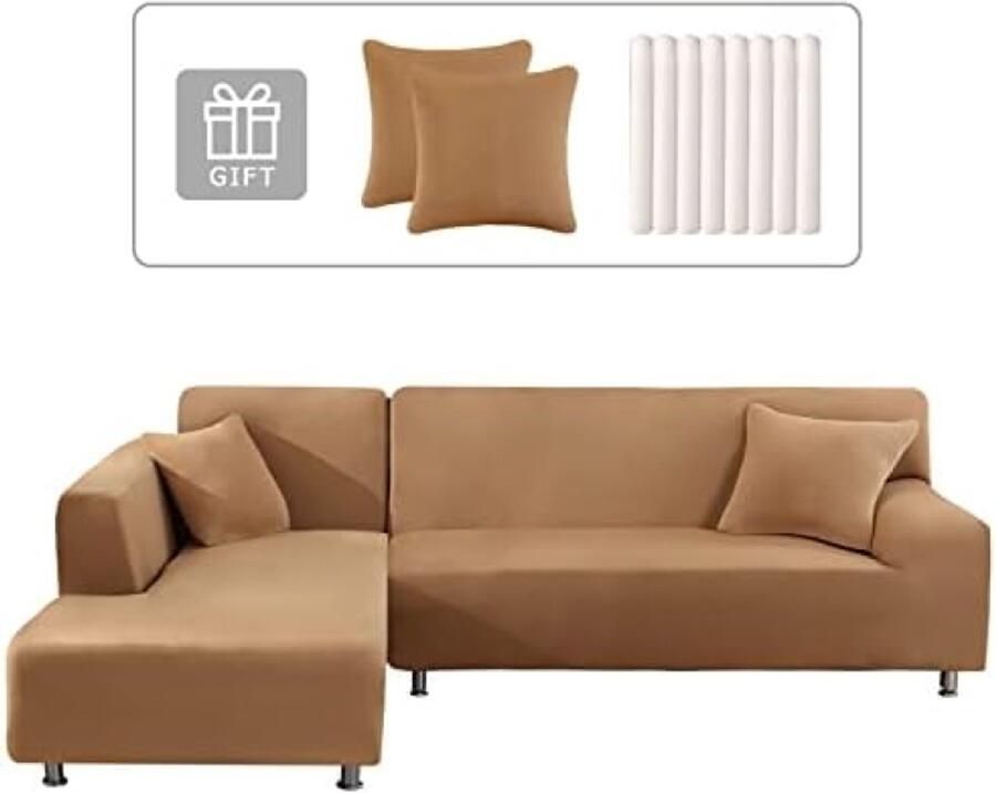ST TRADING Elastische bankhoes met schiereiland links rechts universeel ontwerp met 2 kussenslopen L-vormige hoekbankhoes voor 3-zits + 4-zits banken camel kleur