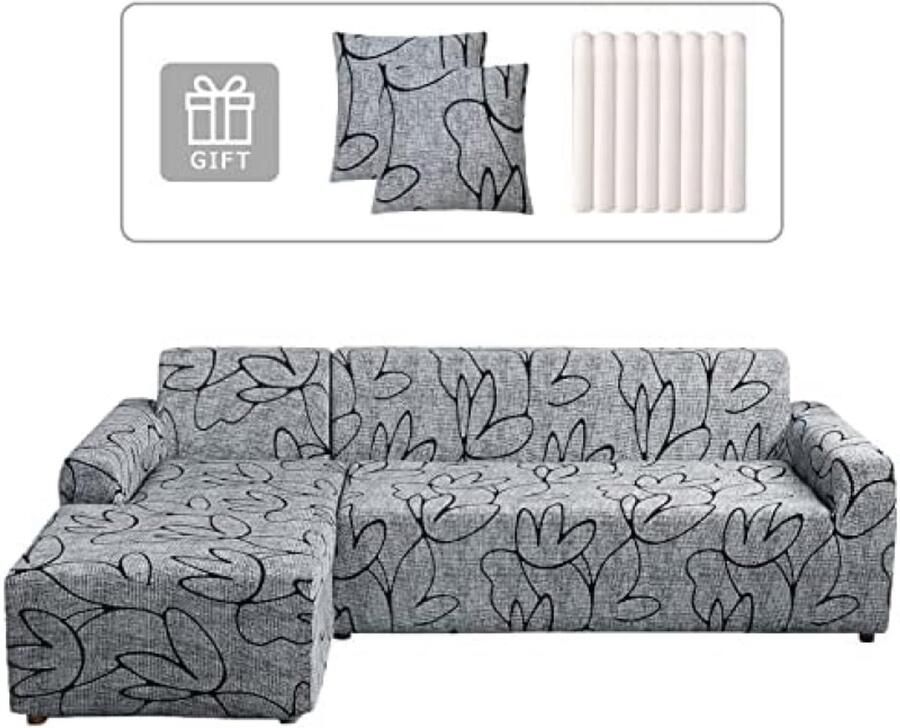 ST TRADING Elastische bankhoes met schiereiland links rechts universeel ontwerp met 2 kussenslopen L-vormige hoekbankhoes voor 3-zits + 3-zits banken grijs bloemenpatroon