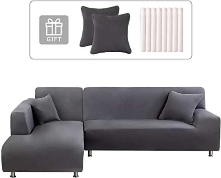 ST TRADING Elastische bankhoes met schiereiland links rechts universeel ontwerp met 2 kussenslopen L-vormige hoekbankhoes voor 2-zits + 3-zits banken grijs