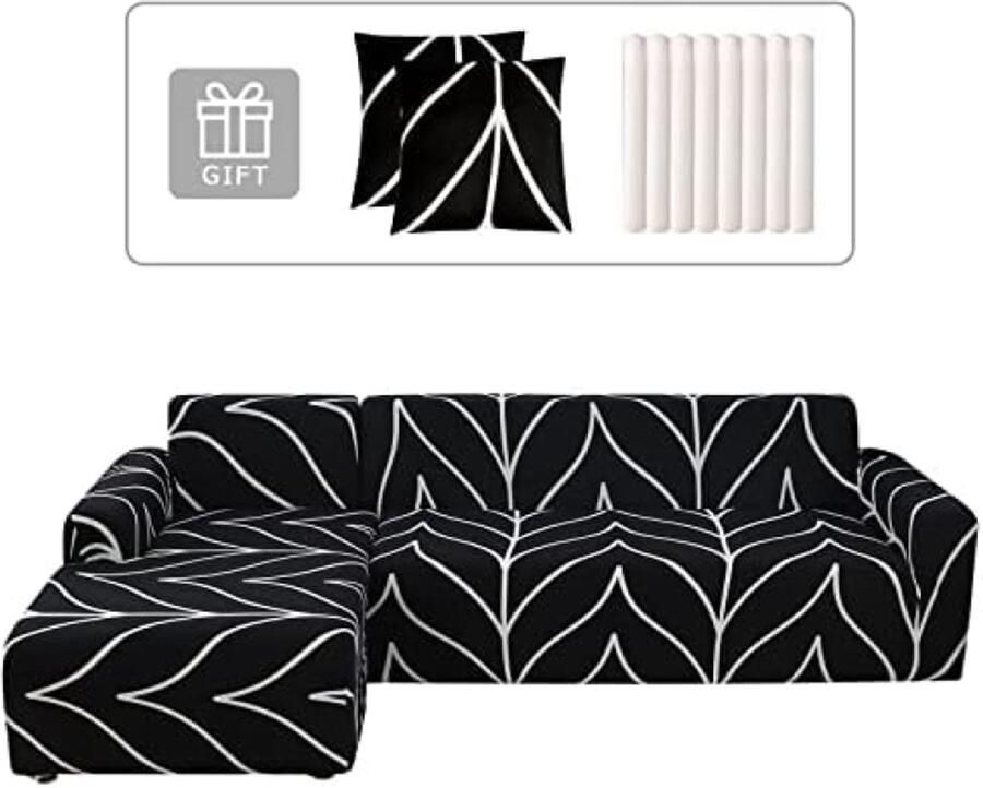 ST TRADING Elastische bankhoes met schiereiland links rechts universeel ontwerp met 2 kussenslopen L-vormige bankovertrek voor chaise longue (2-zits + 3-zits zwart)