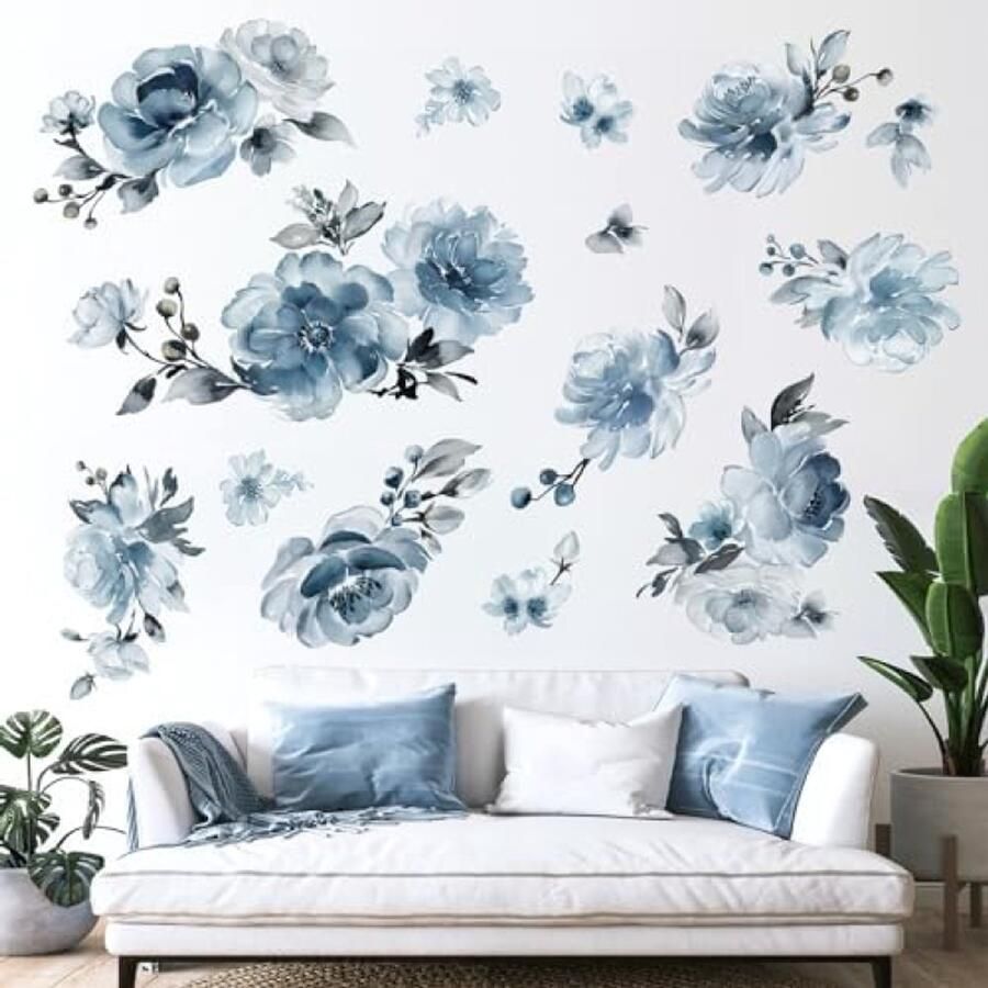 ST TRADING Grote Blauwe Bloem Muurstickers Aquarel Bloemen Blauw Pioen Stickers voor Slaapkamer Woonkamer Bank Achtergrond Muur Decor Verkrijgbaar in 3 Vellen
