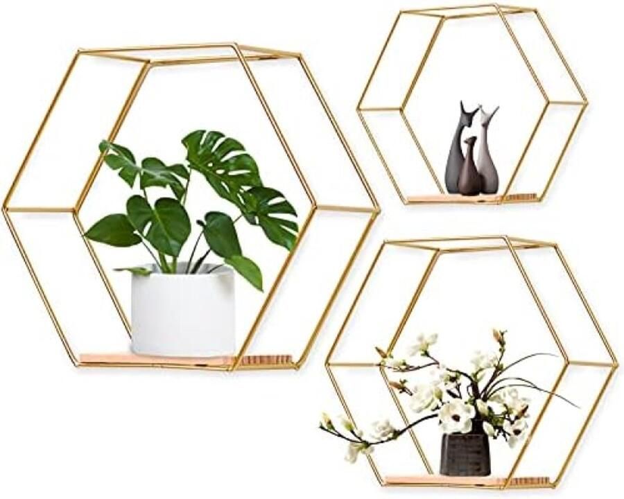 PolkaHome Hexagon Wandrek Set van 3 Gouden Metaal Wandplanken voor Moderne Woondecoratie Wandrek voor Woonkamer Slaapkamer Badkamer Café en Hotel
