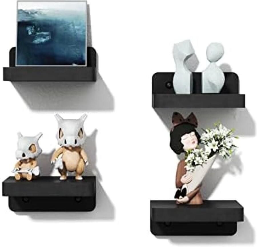 ST TRADING Kleine L-vormige zwevende wandplanken set van 4 Zwart Modern design voor woonkamer slaapkamer of kantoor