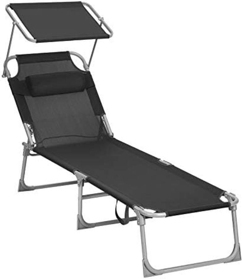 ST TRADING Ligstoel Relaxstoel met Verstelbare Hoofdsteun en Parasol Kantelbare Rugleuning Lichtgewicht en Opvouwbaar Geschikt voor Tuin Strand en Zwembad Zwart 53 x 193 x 29 5 cm Maximale Belasting 150 kg
