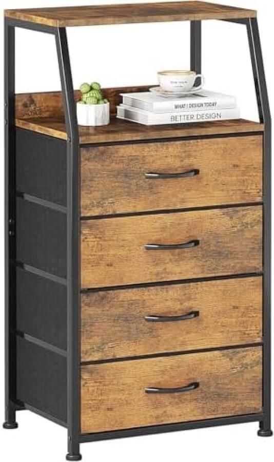 ST TRADING Modern nachtkastje met 4 stoffen laden en houten plank