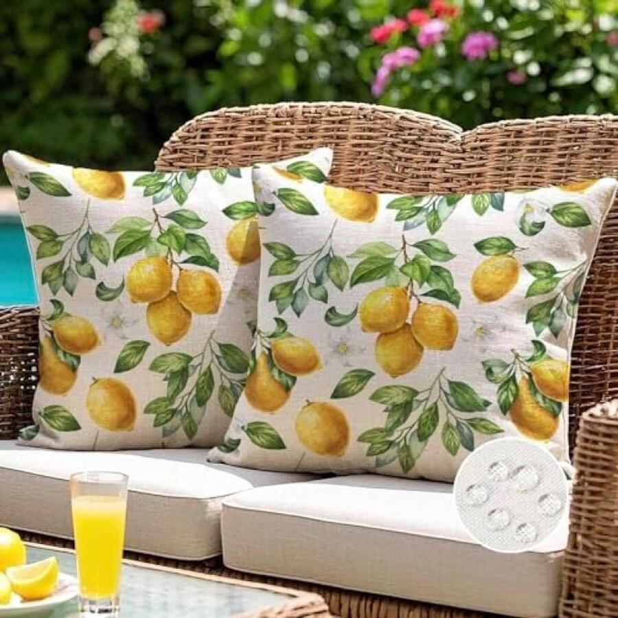 ST TRADING Outdoor kussensloop 45 x 45 cm geel citroenen kussenhoezen weerbestendig bankkussen sierkussen tuinkussen lente zomer decoratie voor woonkamer bank set van 2