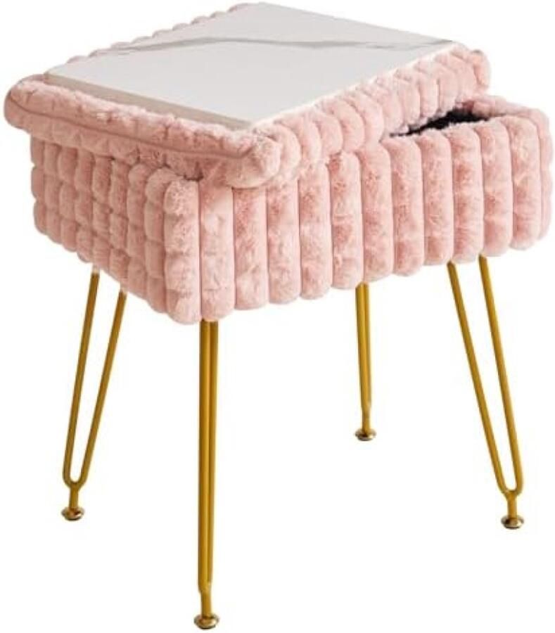 ST TRADING Rechthoekige Make-upstoel met Opbergruimte Voetenbank Ottomaanse Kaptafel Stoel met Antislipvoeten Roze Modern Design voor Make-upkamer en Slaapkamer