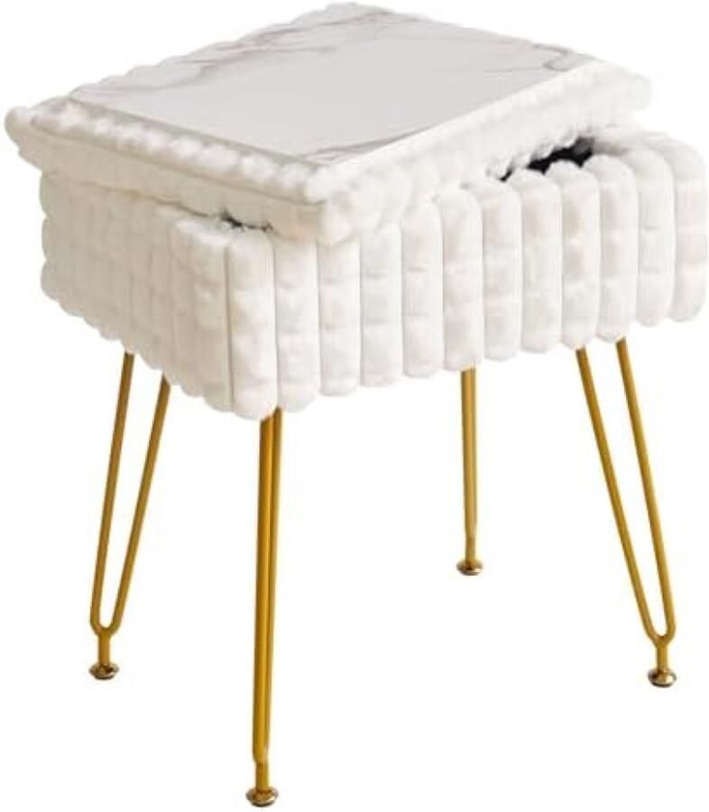ST TRADING Rechthoekige make-upstoel met opbergruimte voetenbank Ottomaanse kaptafelstoel antislipvoeten voor make-upkamer slaapkamer vierkant rasterpatroon wit