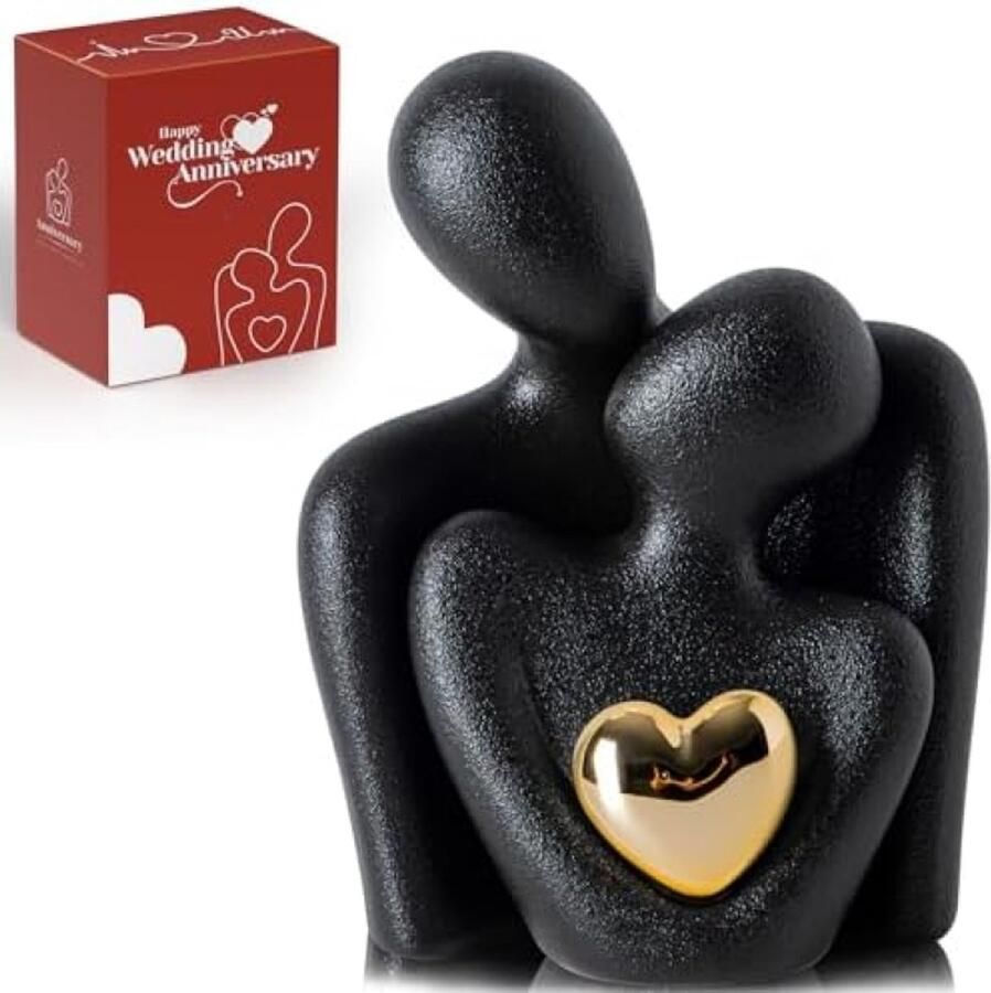 ST TRADING Romantisch Porseleinen Beeldje voor Koppels Abstracte Liefdes Sculptuur met Gouden Hart voor Slaapkamer TV Meubel of Dressoir Valentijnsdag Verjaardag of Bruiloft Cadeau Zwart