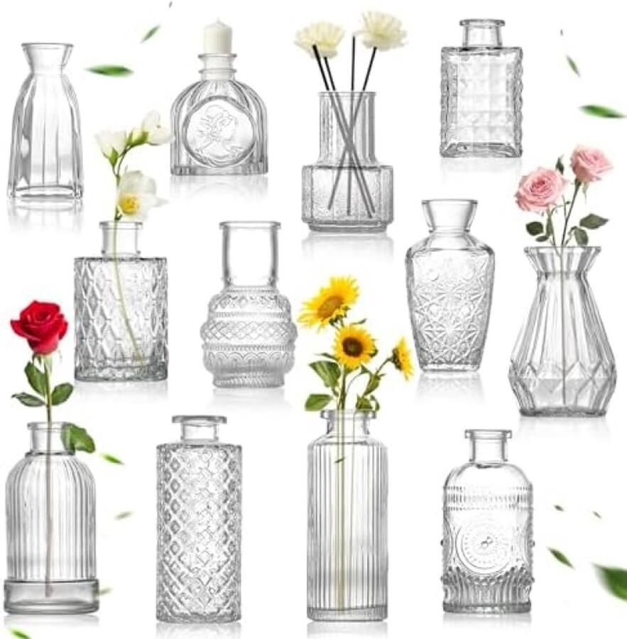 ST TRADING Set van 12 kleine glazen vazen vintage Mini glazen tafel middenstukken bloemen vaas voor woonkamer eettafel bruiloft en slaapkamer decoratie