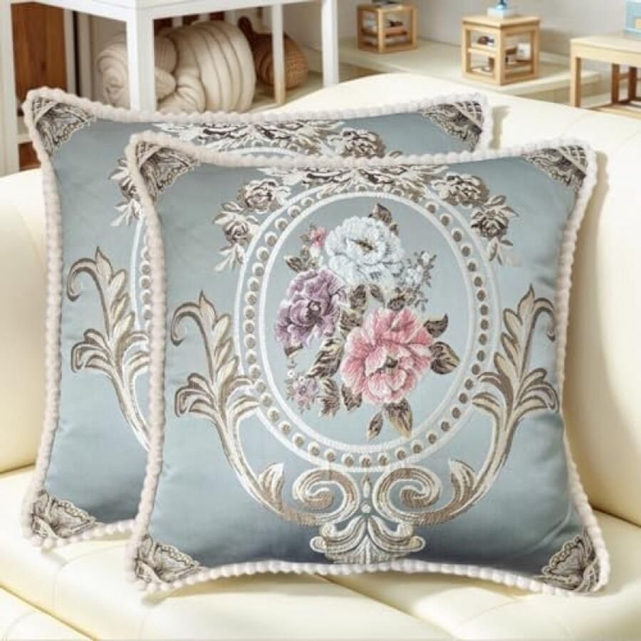 ST TRADING Set van 2 Decoratieve Jacquard Kussenhoezen 48x48 cm Luxe en Zachte Kussenslopen met Verborgen Rits voor Bank Bed of Stoel Ovaalblauw
