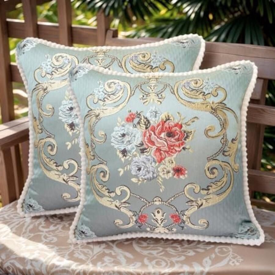 ST TRADING Set van 2 Vierkante Kussenhoezen 48x48 cm Jacquard Stof Verborgen Rits Decoratieve Bank- en Bedkussens Luxe en Zachte Kussenslopen in Blauw