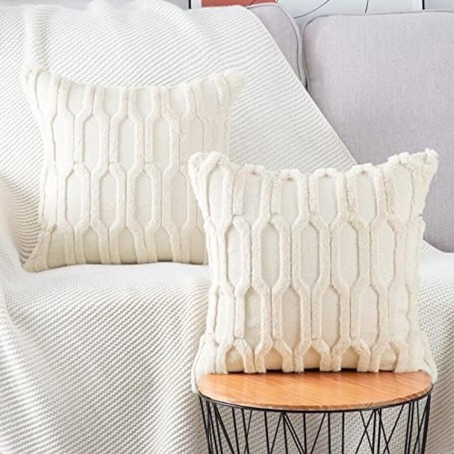 ST TRADING Set van 2 zachte korte wol fluwelen decoratieve kussenhoezen Luxueuze stijl voor bank of slaapkamer 45x45 cm Licht Beige