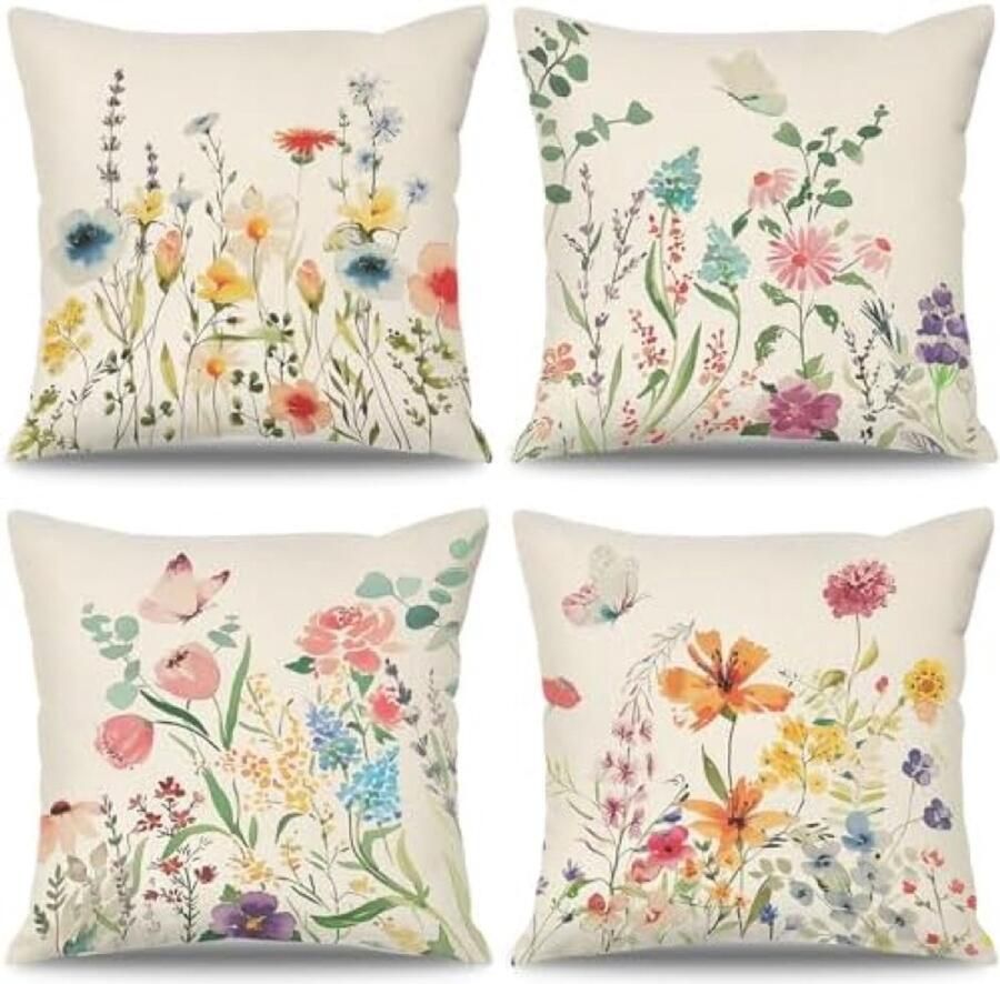 ST TRADING Sierkussenslopen set van 4 stuks zomerkussenhoezen outdoor boho boerderij wilde bloem vlinder decoratieve kussenslopen tuinlinnen kussensloop voor thuis slaapkamer bank terras