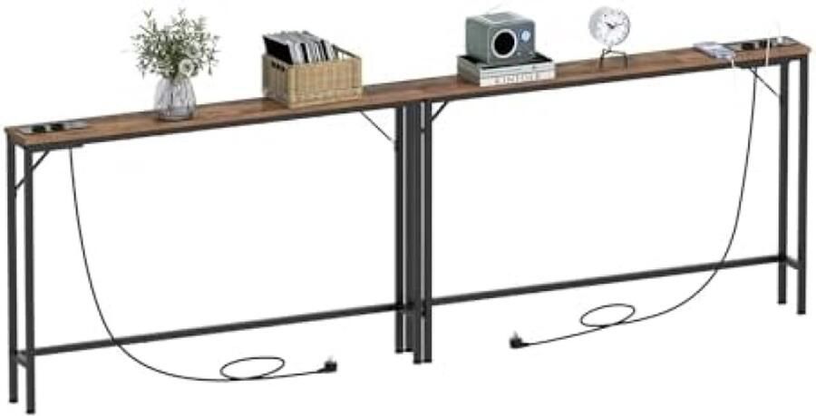 ST TRADING Smalle consoletafels set van 2 met stopcontact en USB-poorten smalle haltafel bijzettafel voor entree woonkamer hal kantoor industrieel design bruin