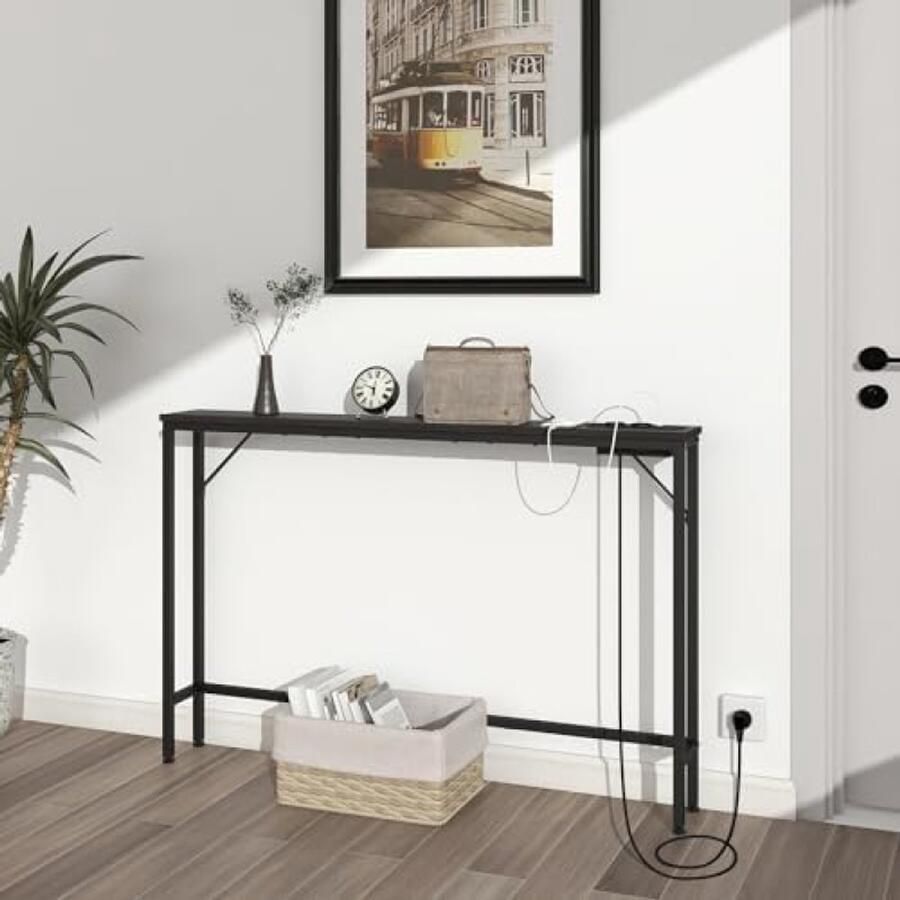 ST TRADING Smalle consoletafel met laadstation en USB-poorten en 5 Kabelklemmen bijzettafel voor entree woonkamer hal of kantoor zwart stalen frame