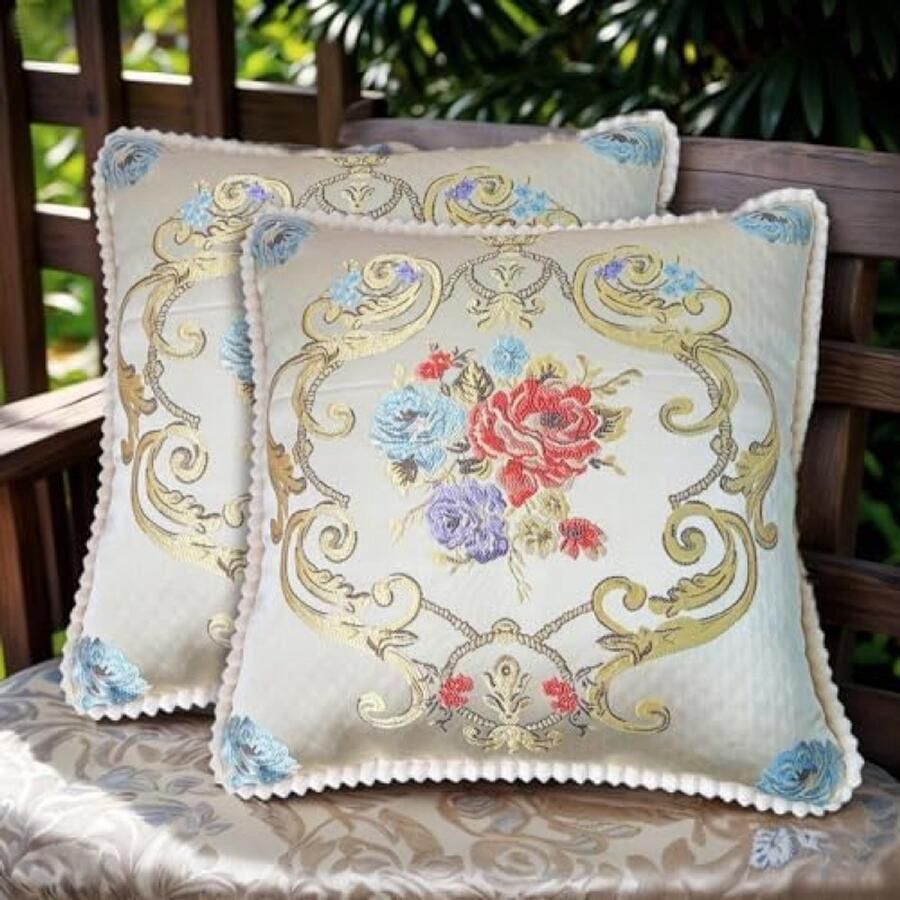 ST TRADING Sofa Kussenhoezen 48x48 cm Set van 2 Jacquard Stof Verborgen Rits Decoratieve Kussens voor Bank Bed of Stoel Luxe en Zachte Kussenslopen Wit