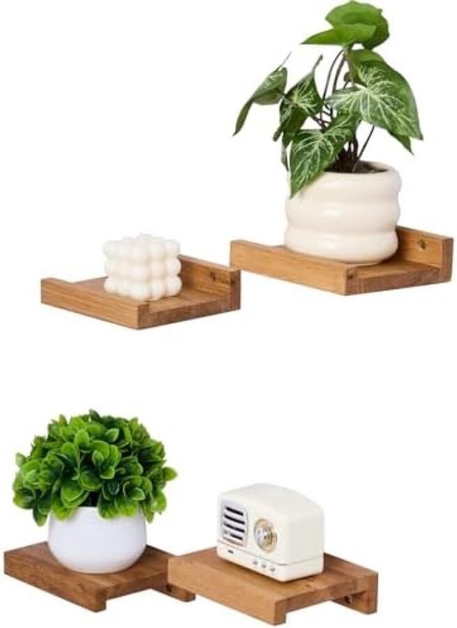 ST TRADING Wandrek klein set van 4 massief eikenhout 15 x 13 cm plantenrek rustieke houten planken met lip wanddecoratie plank wandboard