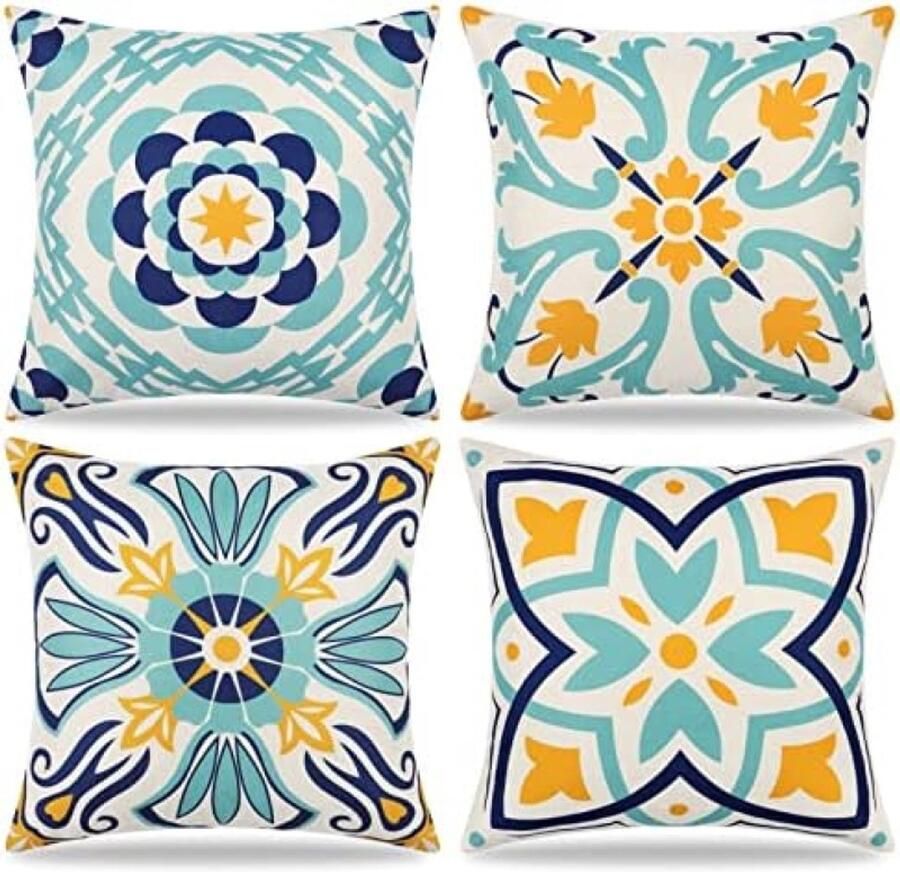 ST TRADING Waterdichte kussenslopen voor buiten 45 x 45 cm set van 4 kussenslopen met bloemenprint boho boerderij decoratieve kussenslopen voor terras bank balkon tuin