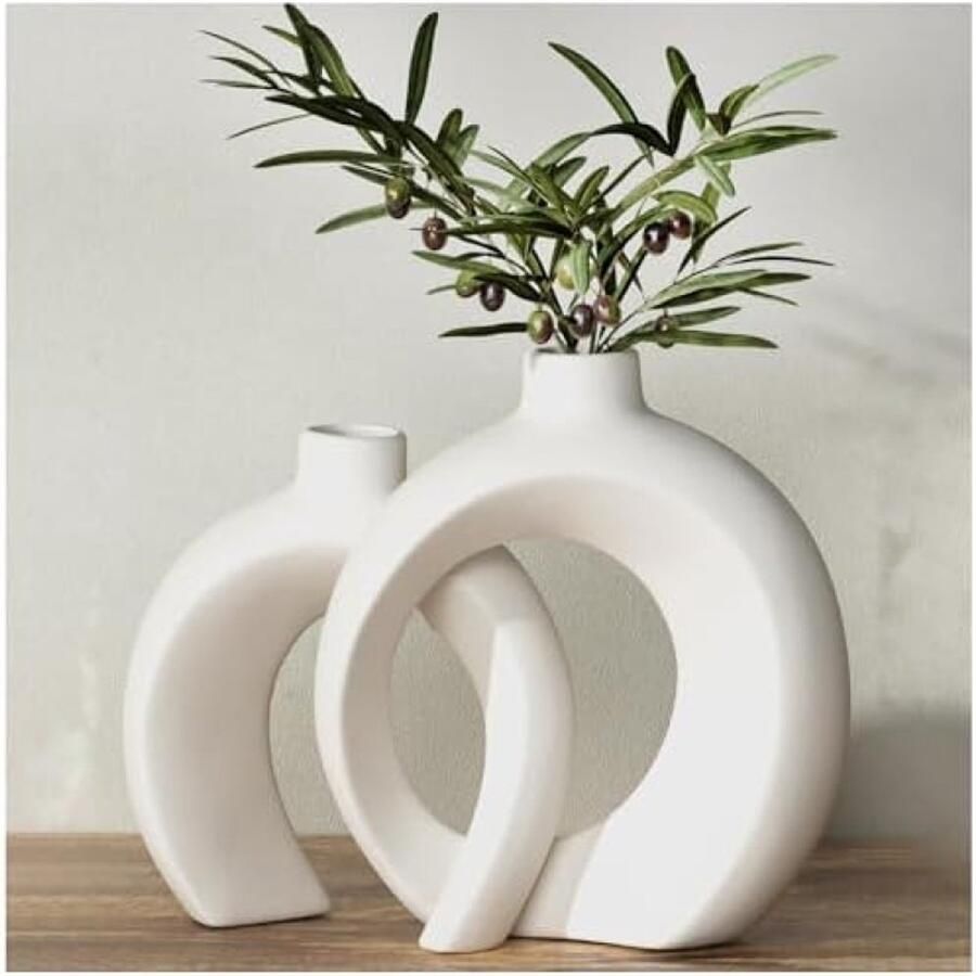 ST TRADING Witte Keramische Vaas Set Van 2 Moderne Boheemse Design Vazen Voor Droogbloemen Pampas Home Decor Woonkamer Vensterbank Salontafel Decoratie