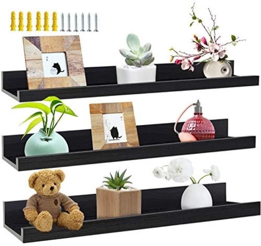 ST TRADING Zwart zwevend wandrek set van 3 stuks Modern design voor woonkamer keuken kinderkamer slaapkamer of kantoor Verschillende maten (60 cm lang)