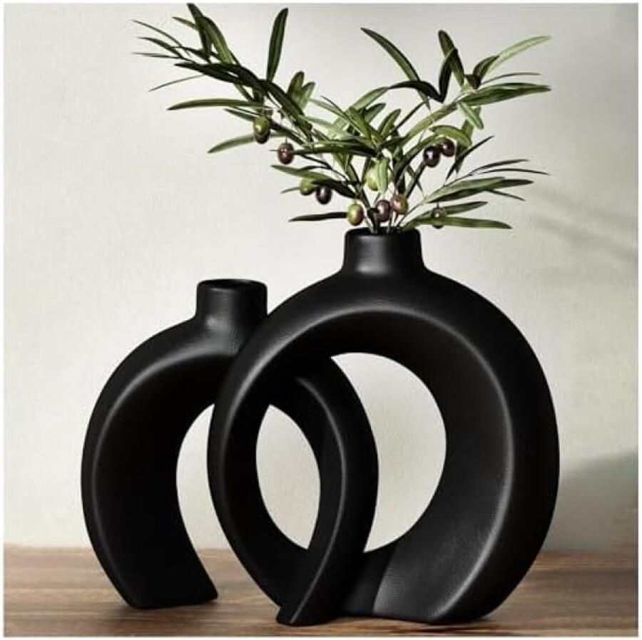 ST TRADING Zwarte Keramische Vaas Set van 2 Moderne Boheemse Design Vazen voor Droogbloemen en Pampasgras Home Decor voor Woonkamer Vensterbank of Salontafel